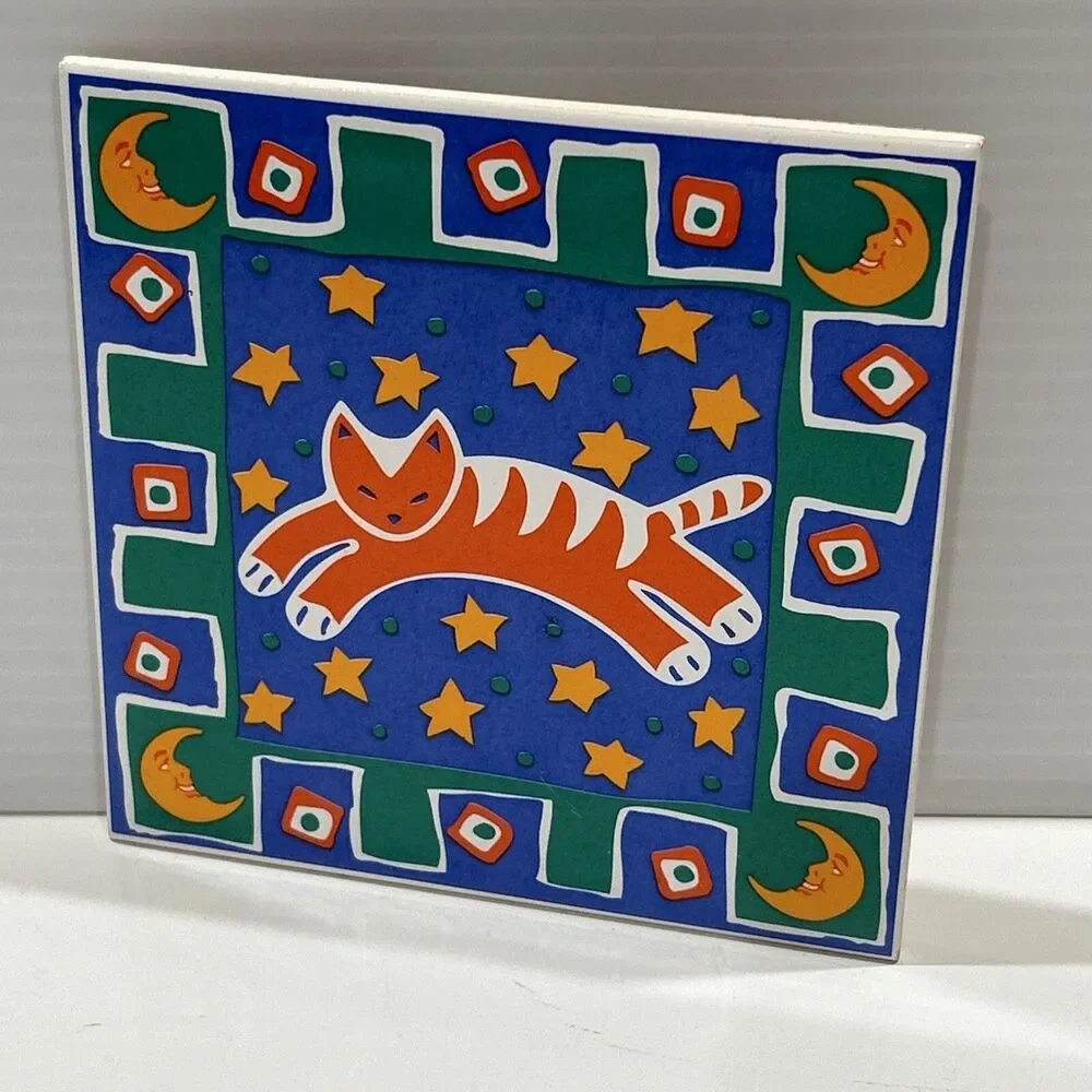 Papel Cat Moon Stars Ceramic Tile Trivet Wall Hanging  Freelance Taiwan Stylized
